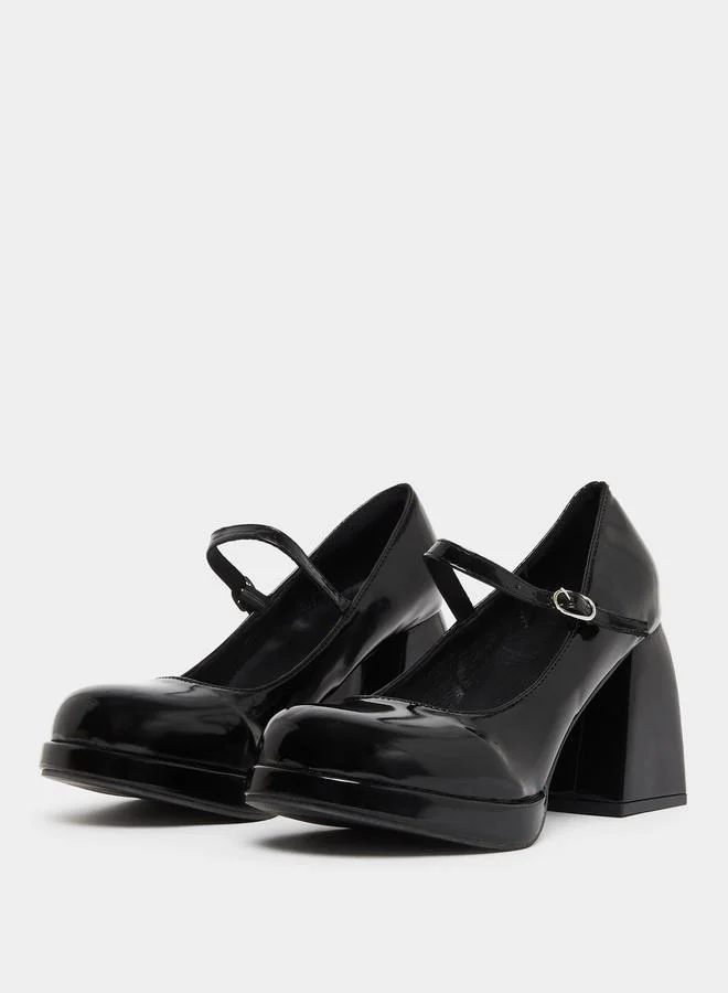 Take Two Solid Strap Patent Leather Chunky Heel Shoes
